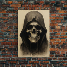 Cargar imagen en el visor de la galería, Cool Halloween Decor, Portrait Of The Grim Reaper, Spooky Halloween Art, Framed Canvas Print, Halloween Canvas Art
