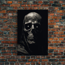 Load image into Gallery viewer, Glowing Eyes Grim Reaper, Spooky Halloween Canvas Art, Framed Canvas Print, Halloween Wall Decor, Skull Portrait
