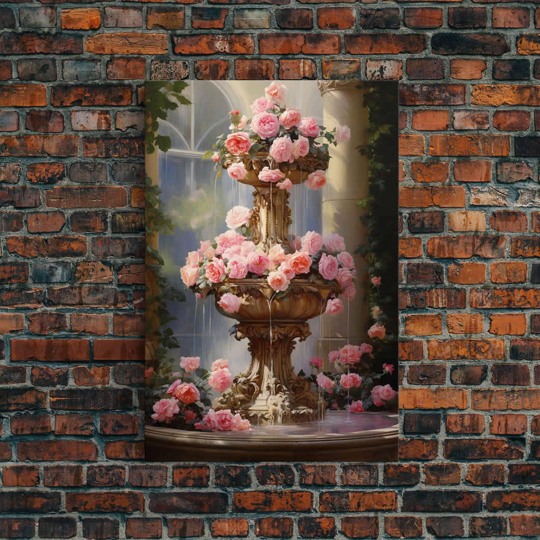 Fountain Wall Print, Pink Roses Wall Art, Flower Art Print, Canvas Print, Wall Art, Vertical Print, Botanical Art, Country Home Decor