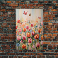 Load image into Gallery viewer, Tulip Field Wall Art, Flower Wall Print, Colorful Art, Butterfly Art, Canvas Print, Wall Art, Vertical Print, Birthday Gift, House Wall Art
