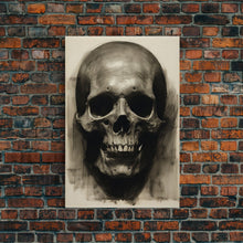 Cargar imagen en el visor de la galería, Charcoal Drawing, Gothic Art Print, Human Skull Decor, Canvas Print, Wall Art, Vertical Art, Entryway Prints, Wall Hanging, Birthday Gift
