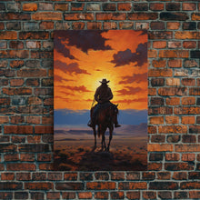 Load image into Gallery viewer, Cowboy Silhouette Wall Art, Western Wall Decor, Sunset Wall Art, Canvas Print, Wall Art, Vertical Art, Teen Boy Wall Art, Rustic Wall Decor
