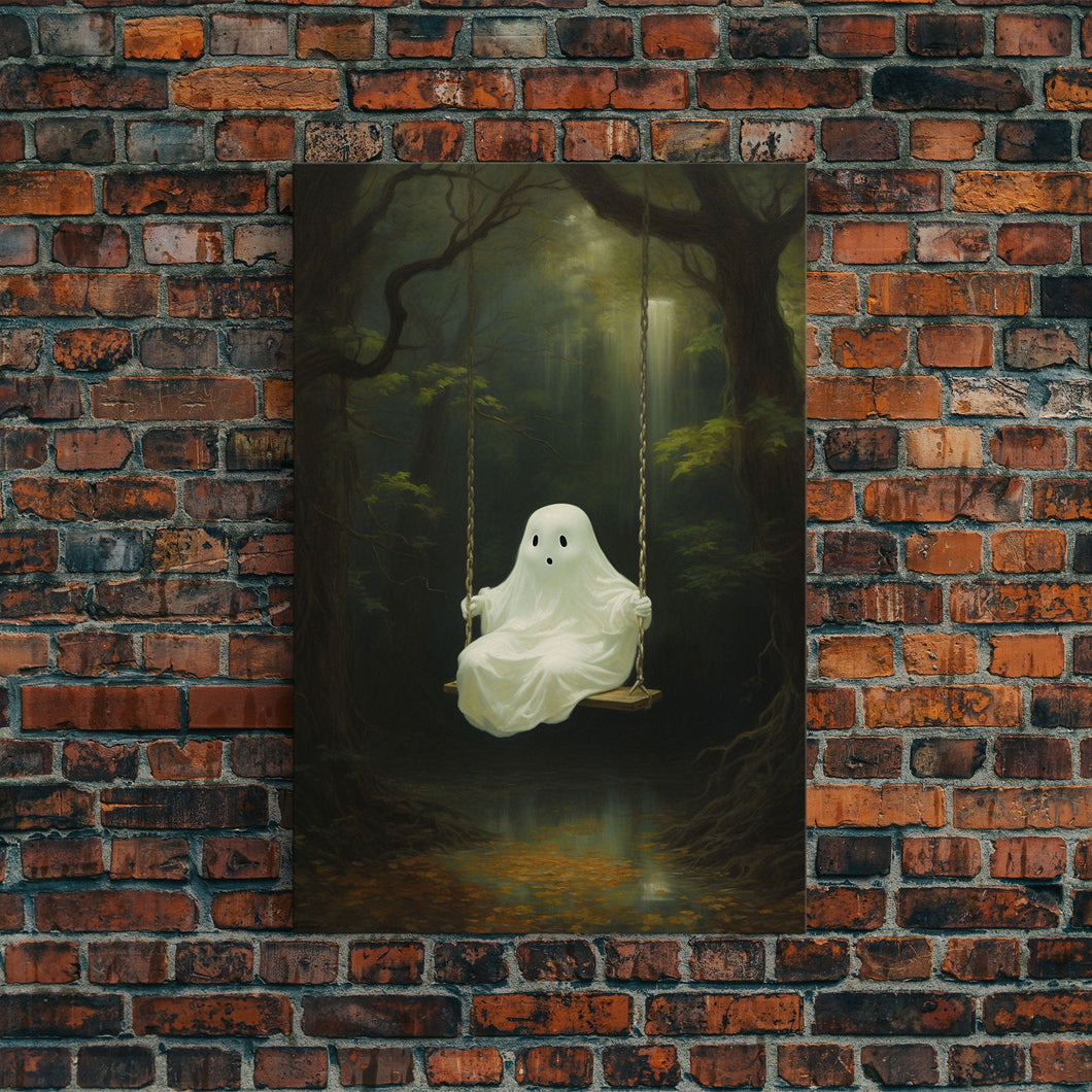 Cute Little Boo Playground Ghost, Funny Halloween, Vintage Halloween Canvas, Framed Canvas Print, Cute Wall Art, Ghost On A Swing, Macabre
