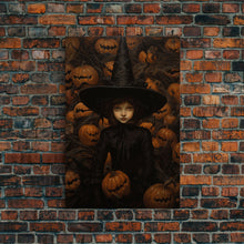 Load image into Gallery viewer, Gothic Witch Art, Framed Halloween Canvas, Canvas Print, Spooky Halloween Wall Art, Halloween Decoration, Witchy Decor Pumpkin Patch Witch
