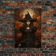 Load image into Gallery viewer, Beautiful Gothic Witch Art, Framed Halloween Canvas, Canvas Print, Spooky Halloween Wall Art, Halloween Deco, Witchy Art Pumpkin Patch Witch
