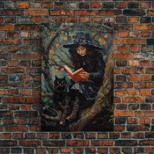 Carregar imagem no visualizador da galeria, Cute Witch Reading Spells To Her Black Cat Familiar, Vintage Halloween Art, Framed Canvas Print, Halloween Canvas Art, Witchcraft
