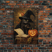 Carregar imagem no visualizador da galeria, Cute Witch Cat Reading Her Book Of Spells, Vintage Halloween Art, Framed Canvas Print, Halloween Canvas Art, Witchcraft
