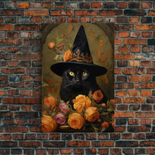 Carregar imagem no visualizador da galeria, Cute Witch&#39;s Familiar Cat Halloween Art, Cat Witch, Cat Painting, Cute Cat Print, Halloween Decor, Black Cat Print, Framed Canvas / Canvas
