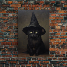 Carregar imagem no visualizador da galeria, Cute Witch&#39;s Familiar Cat Halloween Art, Cat Witch, Cat Painting, Cute Cat Print, Halloween Decor, Black Cat Print, Framed Canvas / Canvas
