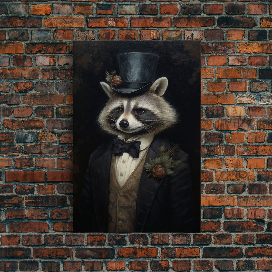 Distinguished Dapper Gentleman Raccoon, Funny Animal Prints, Humorous Art, Framed Canvas, Wall Art, Canvas Print, Funny Halloween Decor