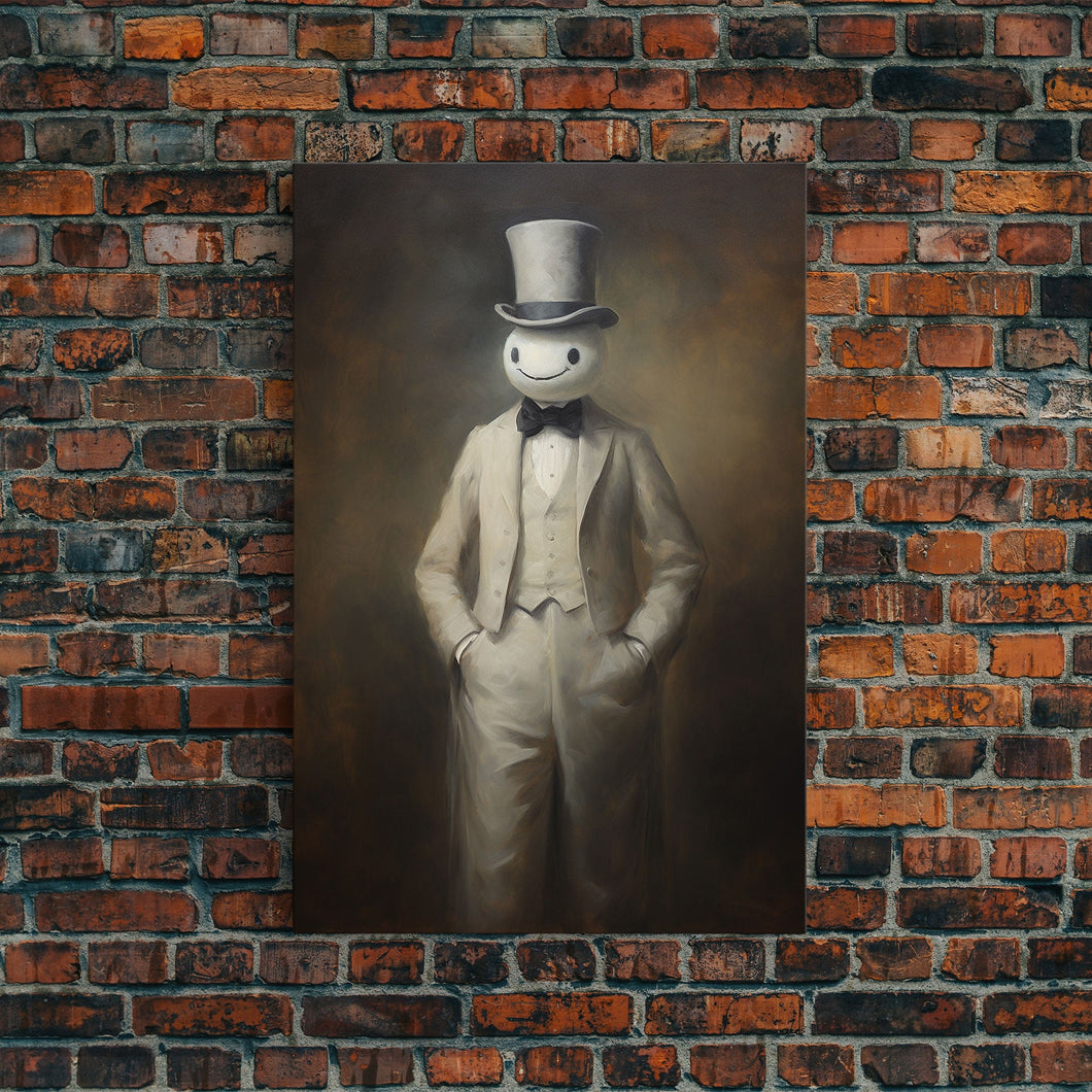 Ghost Wearing A Top Hat, Victorian Gentleman Ghost, Framed Canvas Print, Halloween Canvas Art, Unique Spooky Decor, Gothic Dark Academia Art