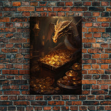 Load image into Gallery viewer, Dragon Art, Fantasy Art, Treasure Chest, Canvas Print, Wall Hanging, Portrait Art, Video Game Art, Nerdy Home Decor, Gift For Friend

