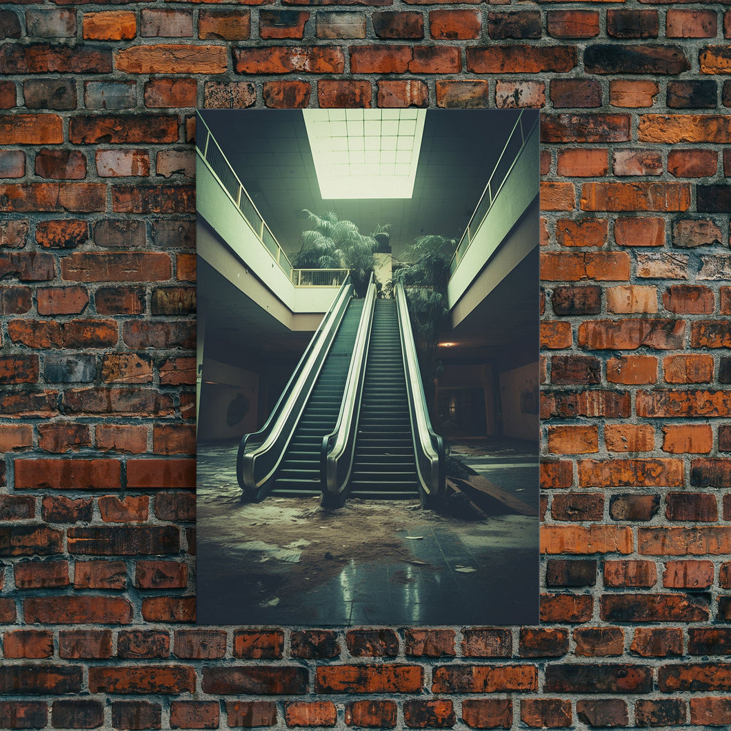 Escalator, Abandoned Building, Moody Wall Art, Horror Art Print, Canvas Print, Wall Hanging, Portrait Art, Nerdy Home Decor, Bedroom Prints