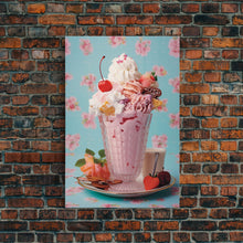 Load image into Gallery viewer, A Strawberry Sunday, Ice Cream Art, Framed Canvas Print, Ice Cream Parlor Decor, Icecream Shop Wall Art, MCM Style Decor, Kitchen decor
