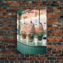Load image into Gallery viewer, A Strawberry Sunday Kitchen Decor, Ice Cream Art, Framed Canvas Print, Ice Cream Parlor Decor, Icecream Shop Wall Art, MCM Style Decor
