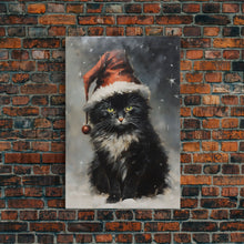 Carregar imagem no visualizador da galeria, Black Christmas Cat Wearing A Santa Hat, Framed Canvas Print, Christmas Decor, Xmas Wall Art, Holiday Decor, Seasonal Wall Decor
