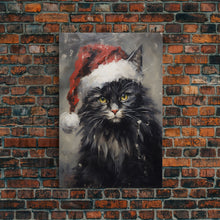 Cargar imagen en el visor de la galería, Christmas Cat In His Christmas Hat, Framed Canvas Print, Holiday Decor, Framed Canvas Print, Seasonal Wall Art
