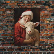 Carregar imagem no visualizador da galeria, Farmhouse Christmas Decor, Santa And A Little Sheep, Framed Canvas Print, Christmas Wall Art, Xmas Art, Christmas Art Print, Santa Decor
