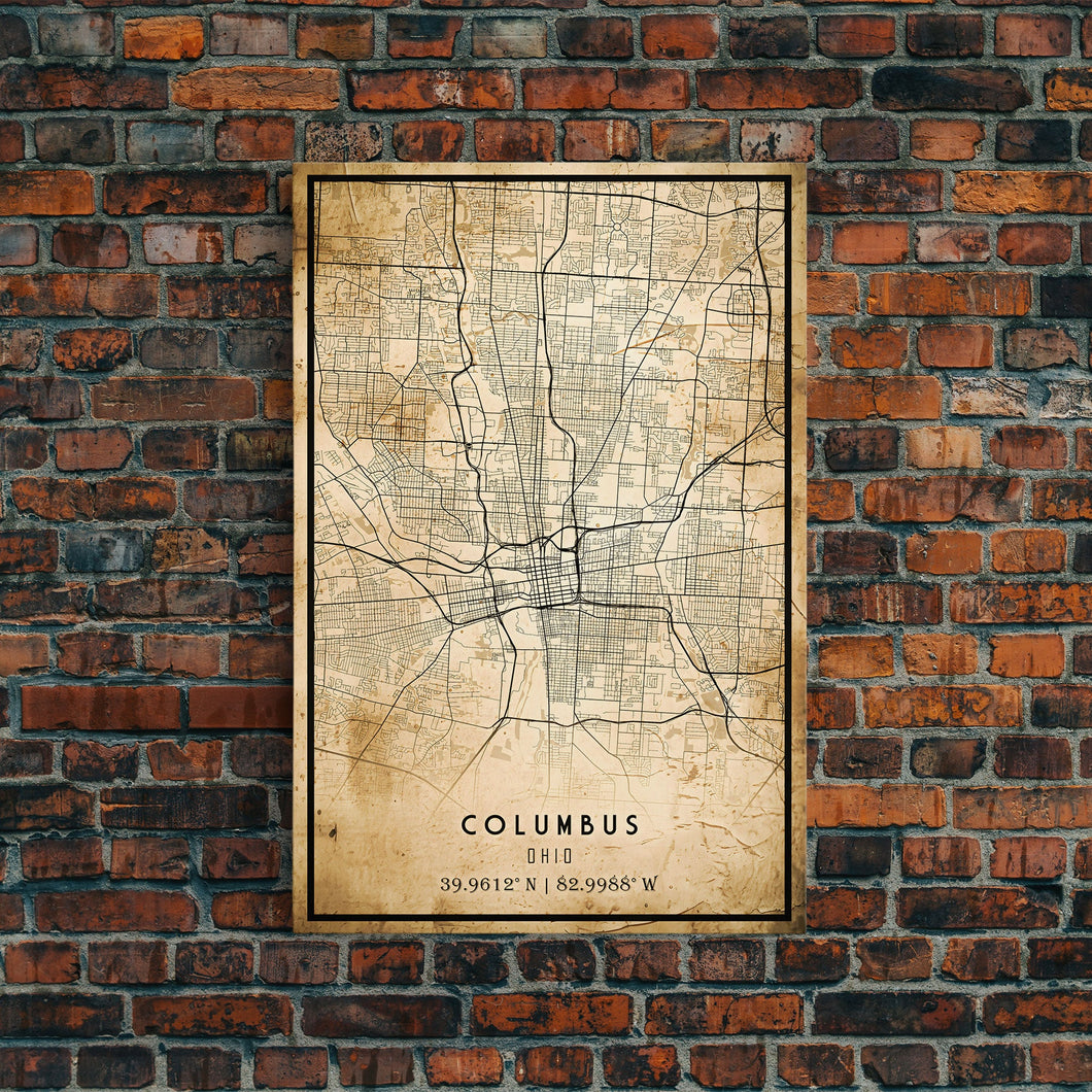 Columbus vintage map print poster or framed canvas, Ohio map print poster canvas, Columbus city map print poster canvas