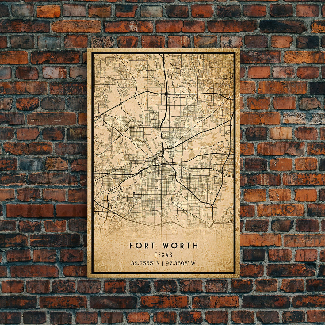 Fort Worth map print poster or framed canvas, Texas map print poster canvas, Fort Worth city map print poster canvas, Panther City
