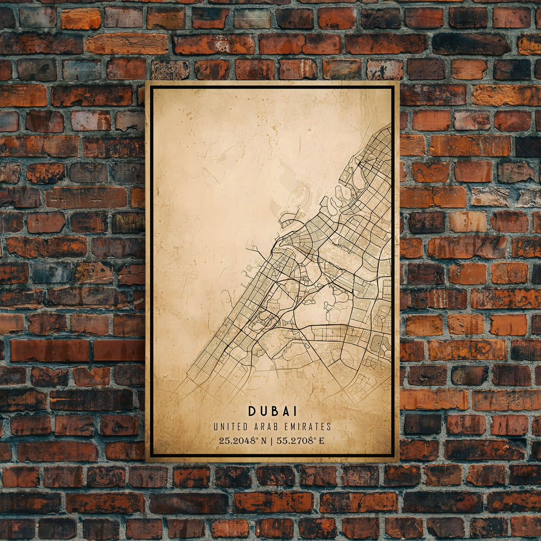 Dubai UAE map print poster or framed canvas, Dubai map print poster canvas, Dubai city map print poster canvas, Vintage Travel Art