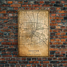 Load image into Gallery viewer, Distressed Houston map print poster canvas print, framed road map art, Texas map print poster canvas, Houston city map print poster canvas
