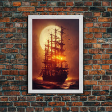 Load image into Gallery viewer, Ghost Ship and Full Moon, Spooky Pirate Ship Art, Framed Canvas Print, Ready To Hang Framed Wall Art, Living Room Wall Hanging
