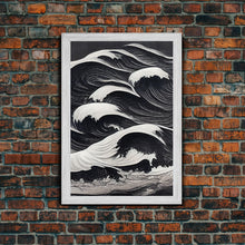 Carregar imagem no visualizador da galeria, Black and White Tidal Waves, Japanese Style Art, Framed Canvas Print, Ready To Hang Framed Wall Art, Living Room Wall Decor

