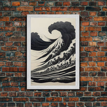 Carregar imagem no visualizador da galeria, Black and White Tsunami Waves, Japanese Style Art, Framed Canvas Print, Ready To Hang Framed Wall Art, Living Room Wall Decor
