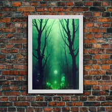 Load image into Gallery viewer, Emerald green city streets under a full moon, cool spooky art, framed canvas print
