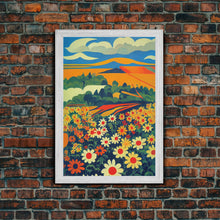 Load image into Gallery viewer, Surrealist field of daisy flowers, daisies, psychedelic art, Framed Canvas Print, Ready To Hang Framed Wall Art
