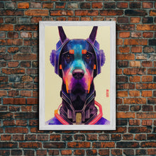Load image into Gallery viewer, Cyberpunk Dobermann Pinscher Portrait, Watercolor, Framed Canvas Print, Ready To Hang Framed Wall Art, Living Room Wall Hanging
