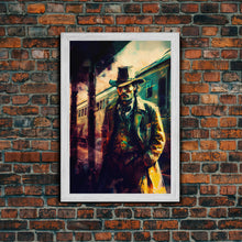 Load image into Gallery viewer, Cowboy waiting for the train, framed wall art, framed canvas print

