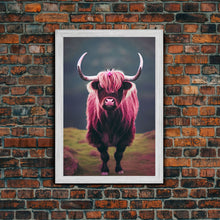 Cargar imagen en el visor de la galería, Colorful farmhouse art, Highland cow, Scotland cattle, framed canvas print, pink cow
