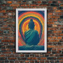 Cargar imagen en el visor de la galería, Colorful rainbow Buddha facing a ring of flowers, framed canvas print, yoga studio art
