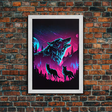 Load image into Gallery viewer, Wolves Howling at the moon, 3 wolf moon, framed canvas print, vaporwave art, Animal art, predator art
