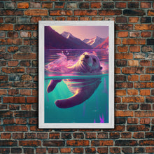 Carregar imagem no visualizador da galeria, Cute Otter going for a swim, pastel retro style art, framed canvas print, Otter out for a swim in a mountain lake
