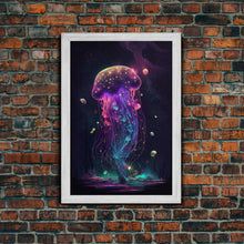 Load image into Gallery viewer, Bioluminescent Cosmic Jellyfish against a Starry night sky, JellyFish Art, Framed Canvas Print, synthwave style art
