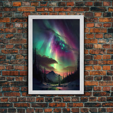 Carregar imagem no visualizador da galeria, Aurora Borealis, Northern Lights Art, framed canvas print, snow capped mountain landscape art
