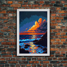 Load image into Gallery viewer, Pixel Art Sunset obscured by clouds, framed canvas print, 8 bit art
