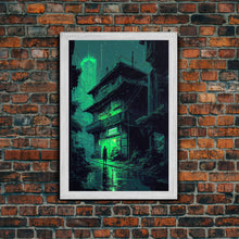 Load image into Gallery viewer, Cyberpunk Dystopian Emerald Green Town City Background Fine Art Print, Wall Decor, Wall Poster, Wall Art Print
