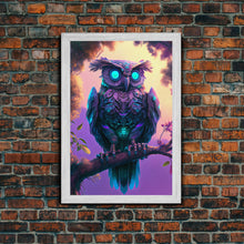 Load image into Gallery viewer, Cyberpunk Robot Owl, framed canvas print, Cybernetic android owl art, vaporwave aesthetic futuristic art
