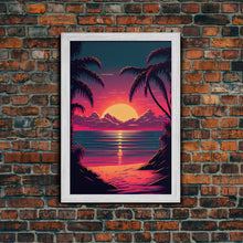 Load image into Gallery viewer, 8 bit pixel art sunset, synthwave style palm tree beach, framed canvas print, framed wall art painting
