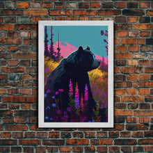 Carregar imagem no visualizador da galeria, Cute brown bear stopping to smell the flowers, animal prints, framed canvas print, colorful unique wall art
