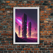 Load image into Gallery viewer, The Monoliths, Scifi art, retro synthwave style alien planet art, framed canvas print
