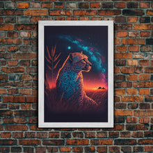 Load image into Gallery viewer, Cheetah Art Print, Framed Canvas Print, Leopard Art, Leopard Print, Retro Synthwave Art, Cheetah Wall Art, Cheetah Painting
