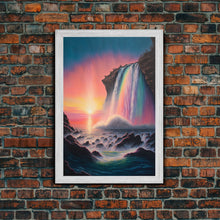 Carregar imagem no visualizador da galeria, A Mythical Waterfall and Rainbow pouring Into the ocean blue at sunset, framed canvas print
