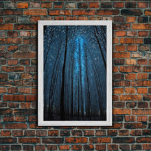 Cargar imagen en el visor de la galería, Birch Tree Forest At Night, Starry Night Sky, Framed Canvas Print, Boho Minimalist Farmhouse Decor, Primitive Art
