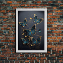 Load image into Gallery viewer, Blue Butterflies Canvas Print Wall Art, Blue and Gold Butterfly Canvas Painting, Butterfly Wall Decor, Home Gift, ready to hang decor
