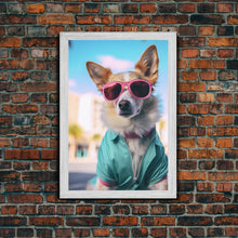 Cargar imagen en el visor de la galería, Corgi Wall Print, Dog Wall Art, Dog Sunglasses, Teal Shirt, Funny Wall Art, Framed Wall Art, Framed Canvas, Wall Print, Wall Canvas
